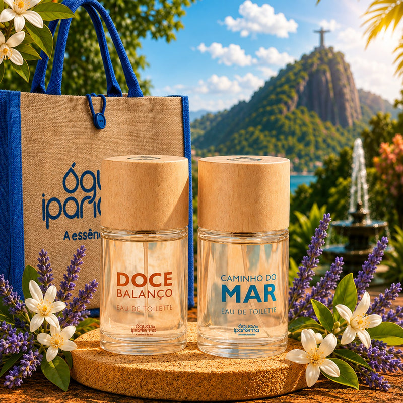 Kit Perfume Cítrico Frutal Doce Balanço 100ml + Perfume Cítrico Amadeirado Caminho do Mar 100ml + Ganhe 1 Bolsa de Praia Grande de Juta Natural - Blue Friday