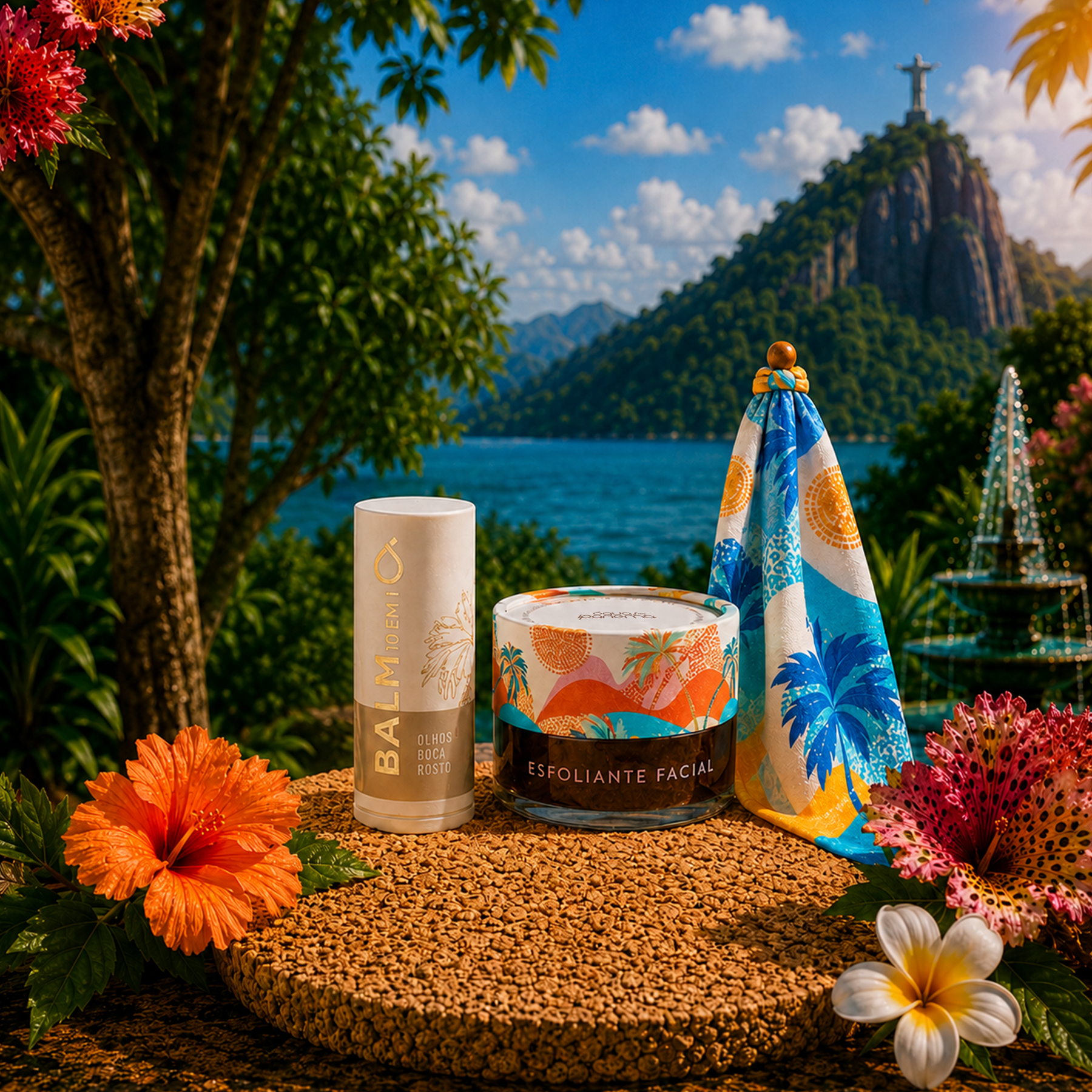 Brisa do Rosto: Exfoliante facial + Bálsamo 10 en 1 para Ojos, Labios y Rostro, y recibe gratis 1 pañuelo estampado Águas (Caminho do Mar).