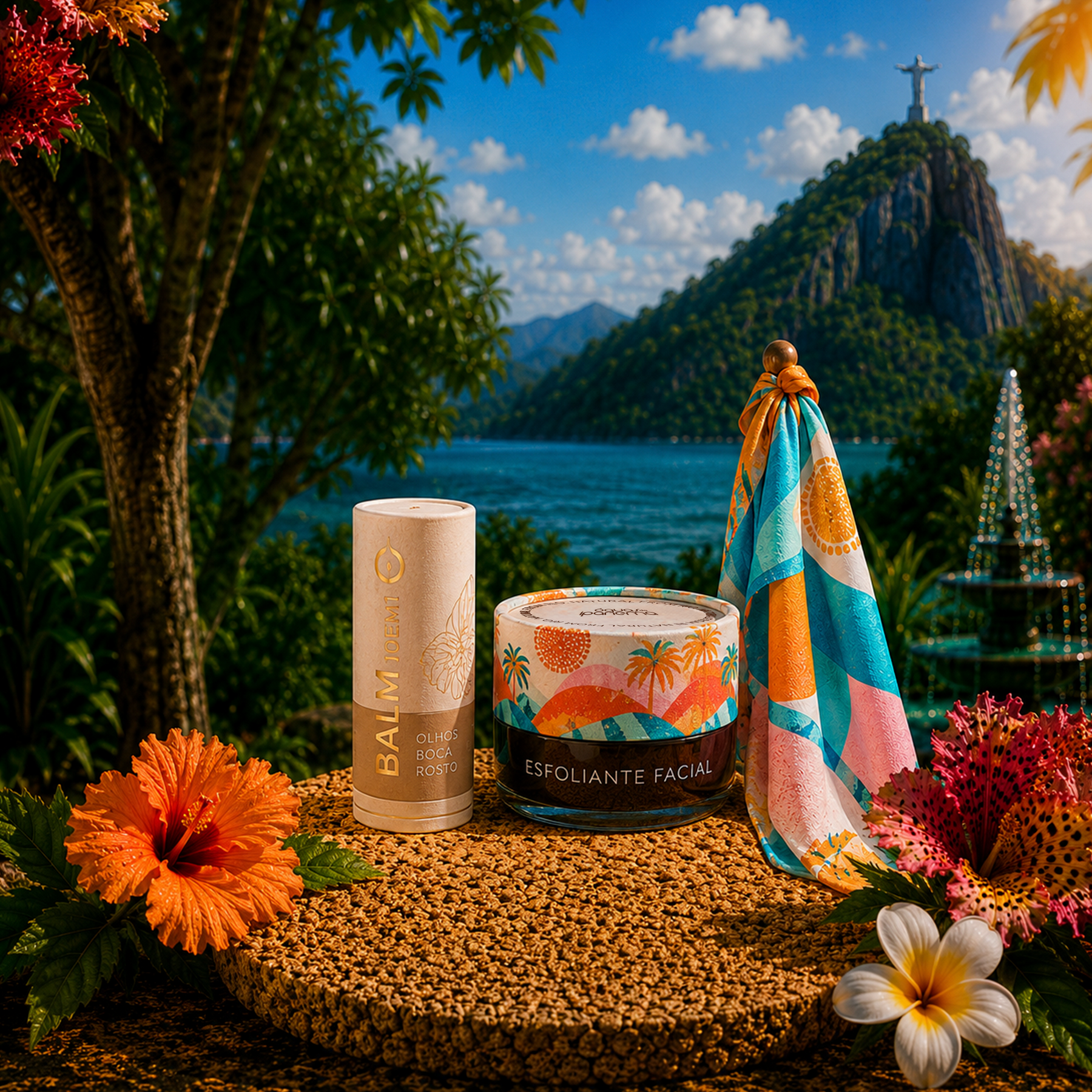 Brisa do Rosto: Exfoliante facial + Bálsamo 10 en 1 para ojos, labios y rostro, y recibe gratis 1 pañuelo estampado Águas (Doce Balanço).